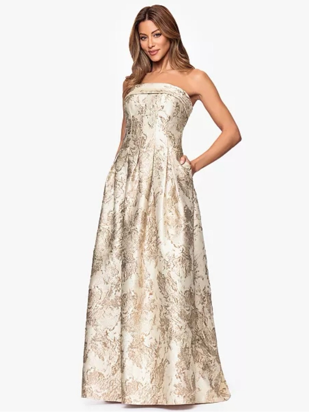 Xscape Strapless Gold and Cream Brocade Evening Ball Gown